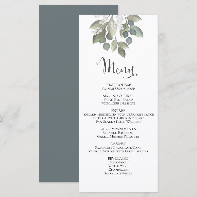 Dusty Blue Eucalyptus Wedding Foliage Elegant Menu (Front/Back)