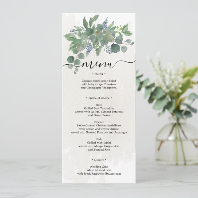 Dusty Blue Eucalyptus Wedding Menu Bridal Shower I Invitation (Standing Front)