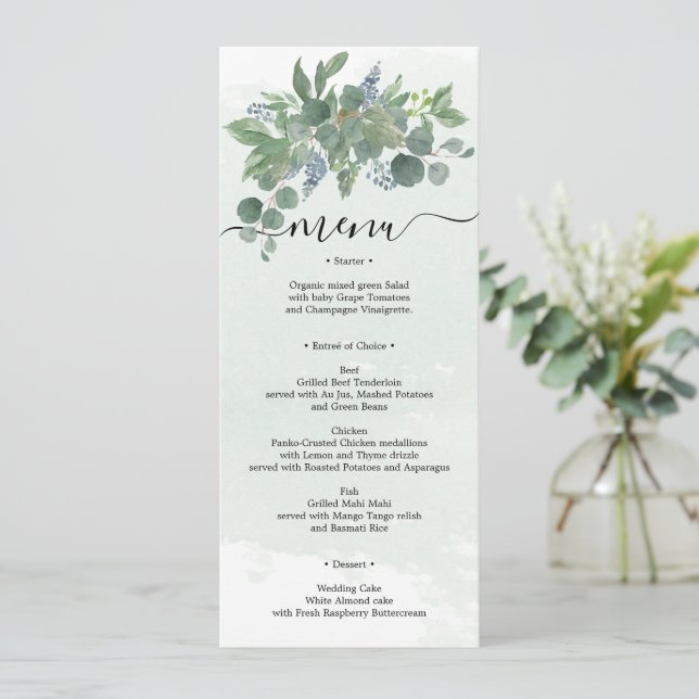 Dusty Blue Eucalyptus Wedding Menu Bridal Shower Invitation (Standing Front)