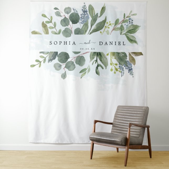 Dusty Blue Eucalyptus Wedding Photo Prop Backdrop (In Situ)