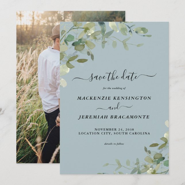 Dusty Blue Eucalyptus Wedding Photo Save the Date (Front/Back)