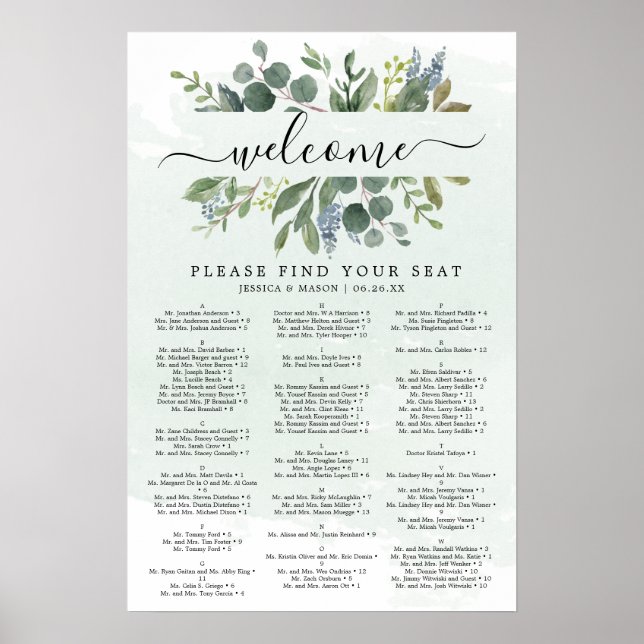 Dusty Blue Eucalyptus Wedding Seating Chart Sign (Front)