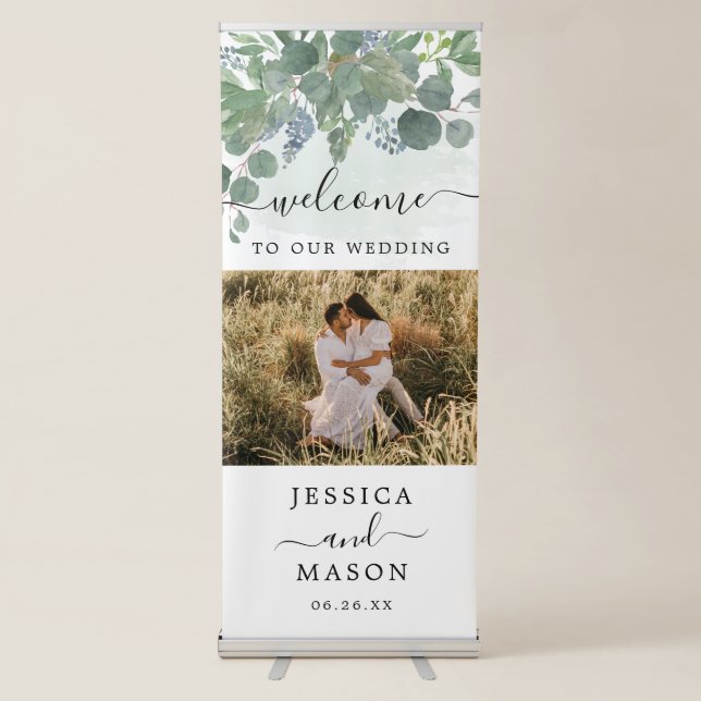 Dusty Blue Eucalyptus Wedding Welcome Banner Stand (Front)