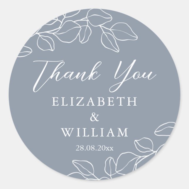 Dusty Blue Eucalyptus Weddings Thank You Classic Round Sticker (Front)