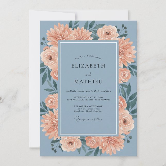 Dusty Blue Exquisite Dahlia Wedding Invitation (Front)