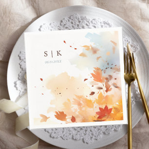Dusty Blue Fall Leaves Monogram Wedding Napkins