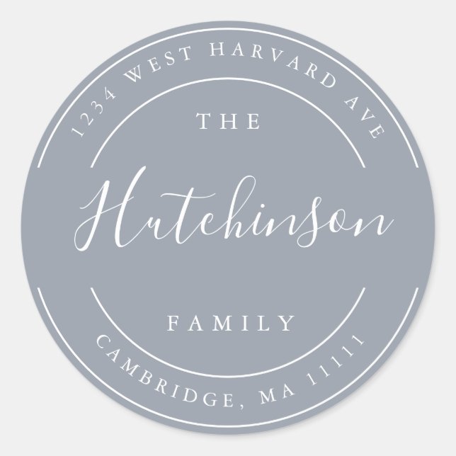 Dusty Blue Family Name Round Return Address Label (Front)