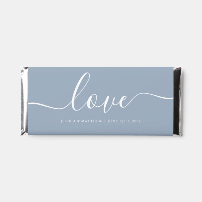 Dusty Blue Fancy Script Wedding Photo Hershey Bar Favors (Front)