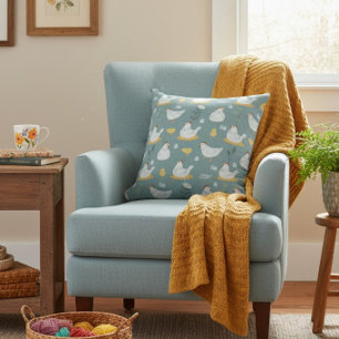 Dusty Blue Farmhouse Chicken Folk Throw Pillow