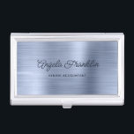 Dusty Blue Faux Metallic Foil Business Card Case<br><div class="desc">Modern monoline style script for her name against a faux dusty blue brushed metal style ombre foil.
Personalized business card holder with name and job title. 
The font style and size can be changed if needed.
The faux foil is digital art that prints like a photo.</div>