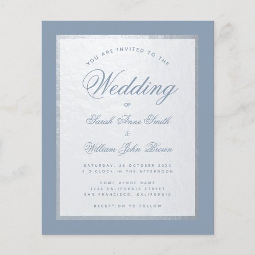 Dusty Blue Faux Silver Budget Wedding Invitation 