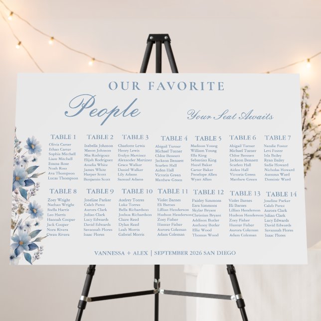 Dusty Blue Favorite People Wedding Seating Chart Foam Board (In Situ (Stand))