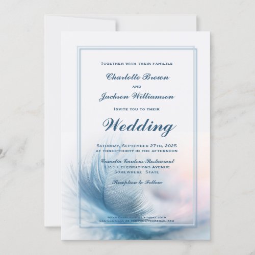 Dusty Blue Feather Wedding Invitation with RSVP