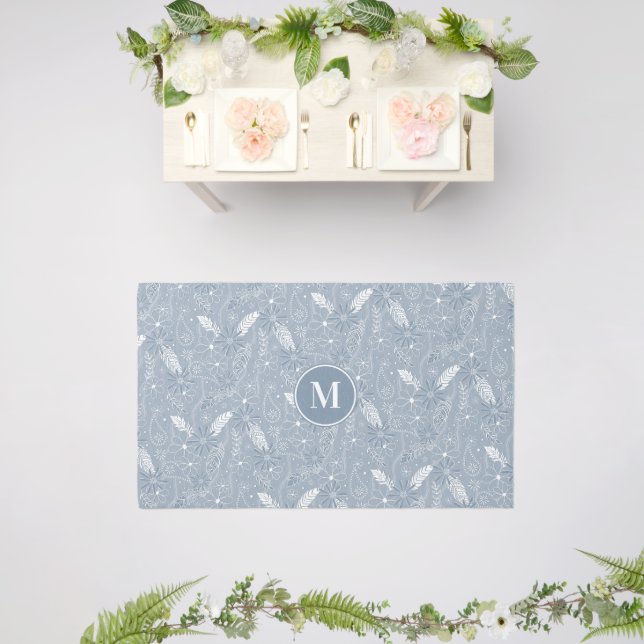 Dusty blue feathers paislies boho floral pattern outdoor rug (Insitu (Wedding 2))