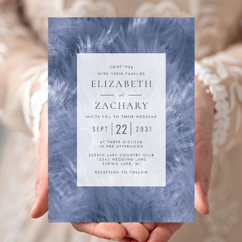 Dusty Blue Feathery Elegance Wedding Invitation