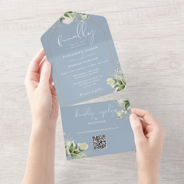 Dusty Blue Finally Arch GreeneryQR Code Wedding All In One Invitation (Tearaway)