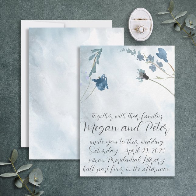 Dusty Blue Fine Art Calligraphy Style Wedding Invitation (Creator Uploaded)