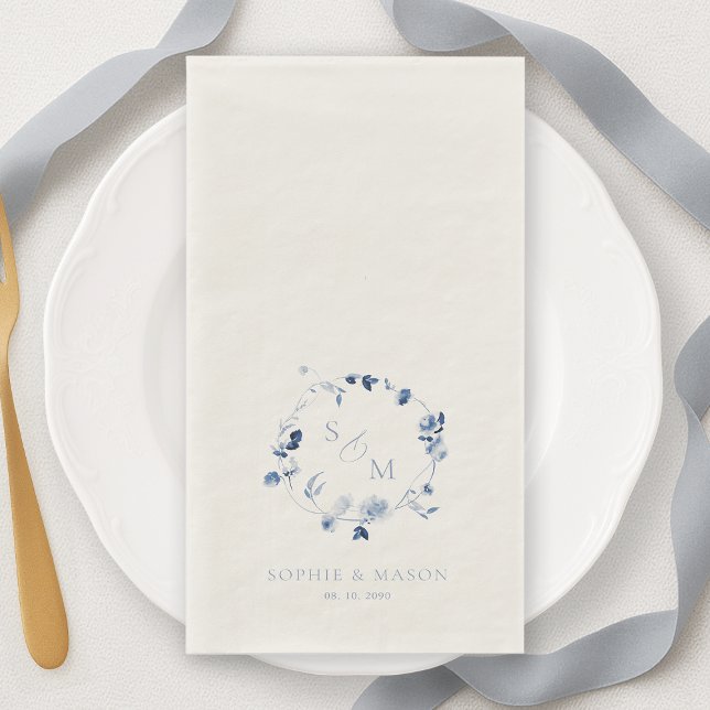 Dusty Blue Fine Art Floral Monogram Wedding Paper Guest Towels (Creator Uploaded)