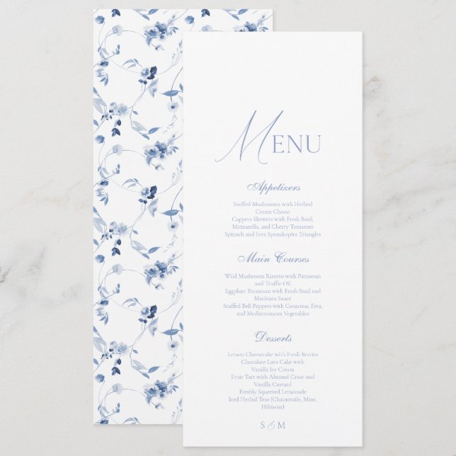 Dusty Blue Fine Art Floral Wedding Menu Card (Front/Back)
