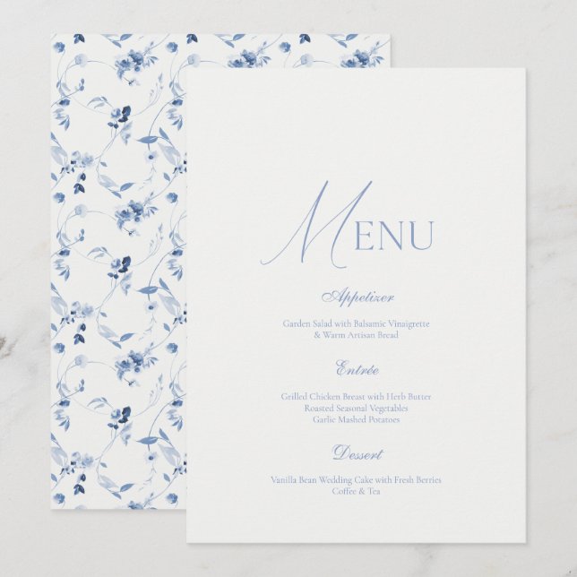 Dusty Blue Fine Art Floral Wedding Menu Card (Front/Back)