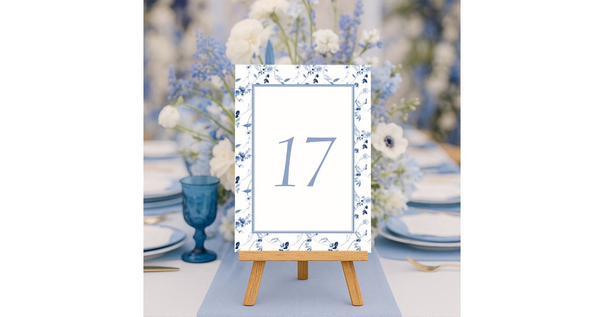 Dusty Blue Fine Art Floral Wedding Table Number | Zazzle