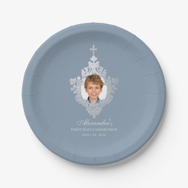 Dusty Blue First Communion Boy Photo Faux Silver Paper Plates (Front)