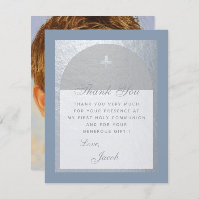 Dusty Blue First Communion Budget Thank You Card (Front/Back)