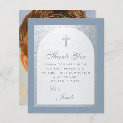 Dusty Blue First Communion Budget Thank You Card
