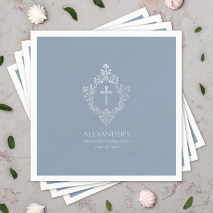 Dusty Blue First Communion Elegant Boy Crest Cross Napkins