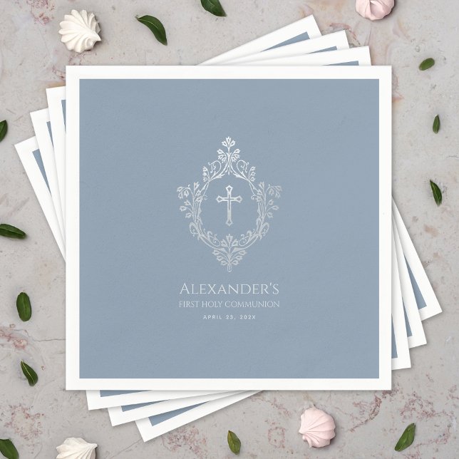 Dusty Blue First Communion Elegant Boy Crest Cross Napkins (Creator Uploaded)