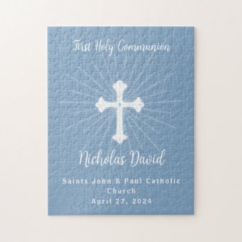Dusty Blue First Communion With Cross Jigsaw Puzzle by Religious_SandraRose at Zazzle