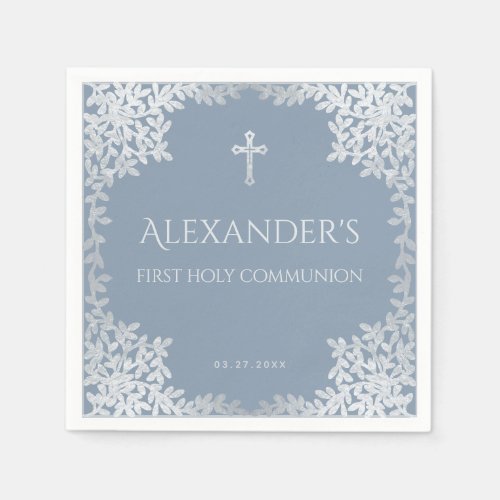 Dusty Blue First Holy Communion Elegant Boy Leaves