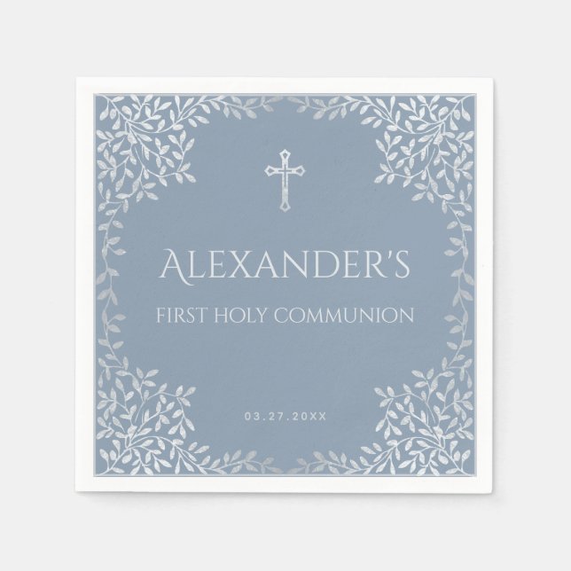 Dusty Blue First Holy Communion Elegant Boy Leaves Napkins (Front)