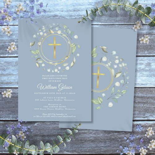 Dusty Blue First Holy Communion Greenery Gold  Invitation