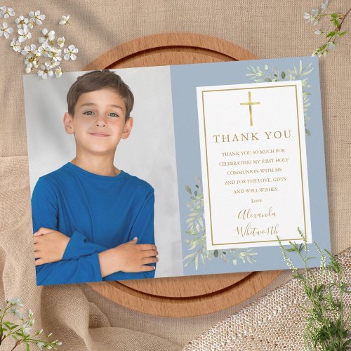 Dusty Blue First Holy Communion Greenery Photo Thank You Card