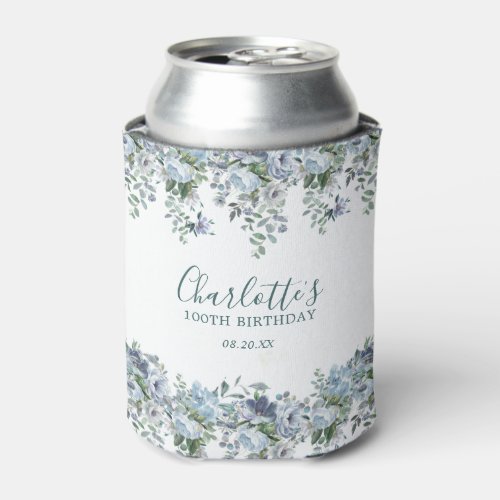 Dusty Blue Floral 100th Birthday Custom Can Cooler