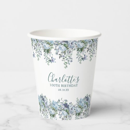 Dusty Blue Floral 100th Birthday Custom Paper Cups