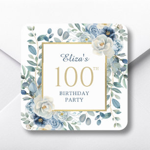Dusty Blue Floral 100th Birthday Favor Square Sticker