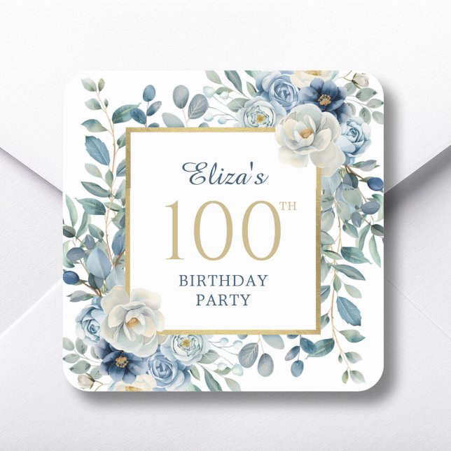 Dusty Blue Floral 100th Birthday Favor Square Sticker (Creator Uploaded)