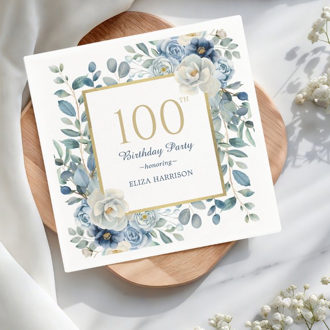 Dusty Blue Floral 100th Birthday  Napkins (Creator Uploaded)