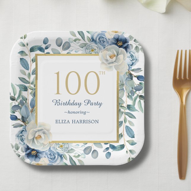 Dusty Blue Floral 100th Birthday  Paper Plates (Creator Uploaded)
