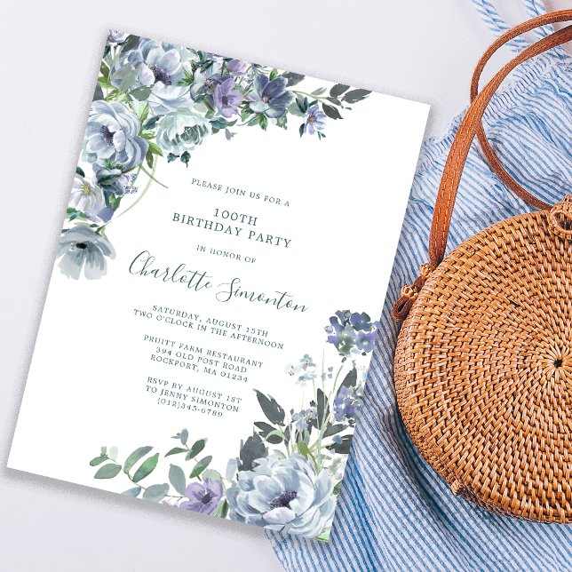 Dusty Blue Floral 100th Birthday Party Invitation (Creator Uploaded)