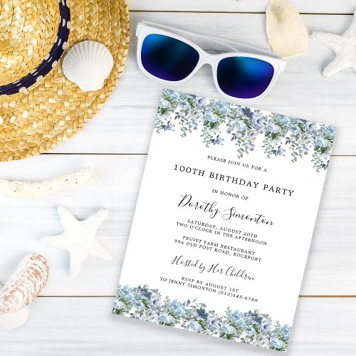 Dusty Blue Floral 100th Birthday Party Invitation