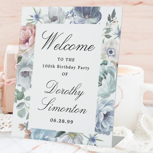 Dusty Blue Floral 100th Birthday Party Welcome Pedestal Sign