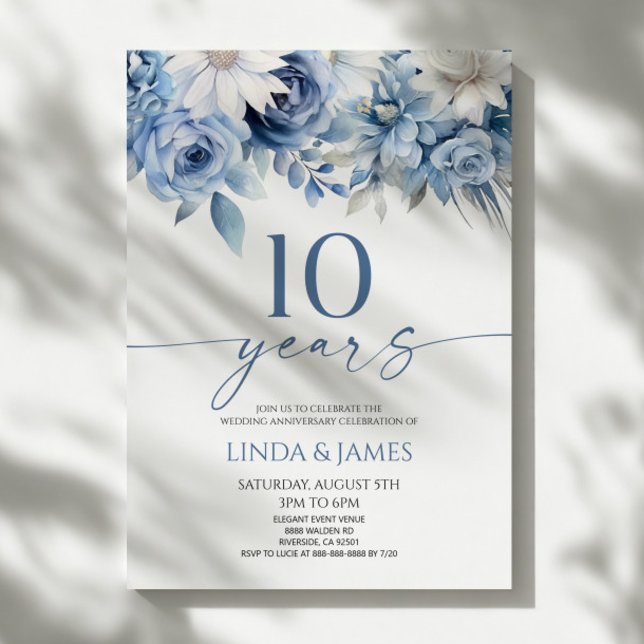 Dusty Blue Floral 10th Wedding Anniversary Invitation (Creator Uploaded)