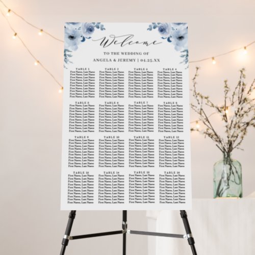 Dusty Blue Floral 16 Tables Wedding Seating Chart Foam Board