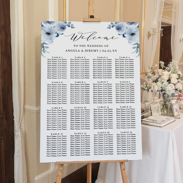 Dusty Blue Floral 16 Tables Wedding Seating Chart Foam Board (Creator Uploaded)