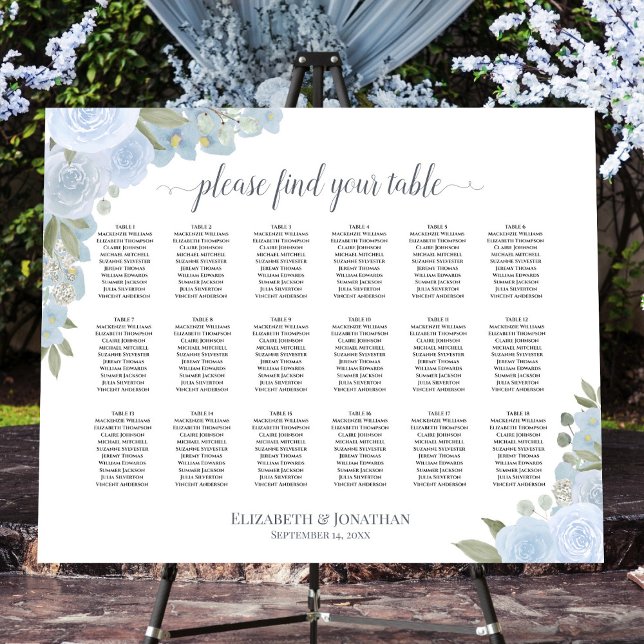Dusty Blue Floral 18 Table Wedding Seating Chart Foam Board (In Situ on Stand with Flowers)