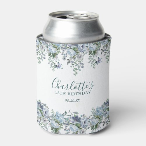 Dusty Blue Floral 18th Birthday Custom Can Cooler
