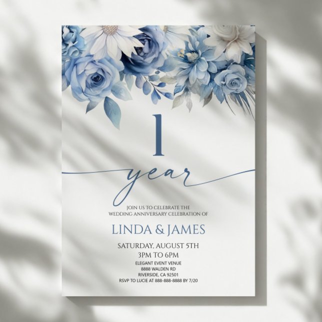Dusty Blue Floral 1st Wedding Anniversary Invitation (Creator Uploaded)